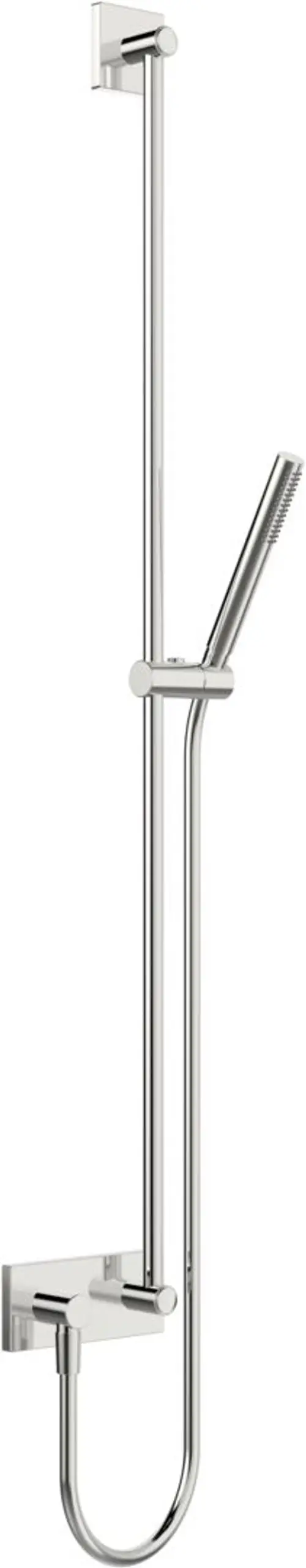 Wandstangengarnitur in Chrom-Ausführung von HANSA, bestehend aus einer länglichen Halterung mit Handbrause und einer vertikalen Stange.